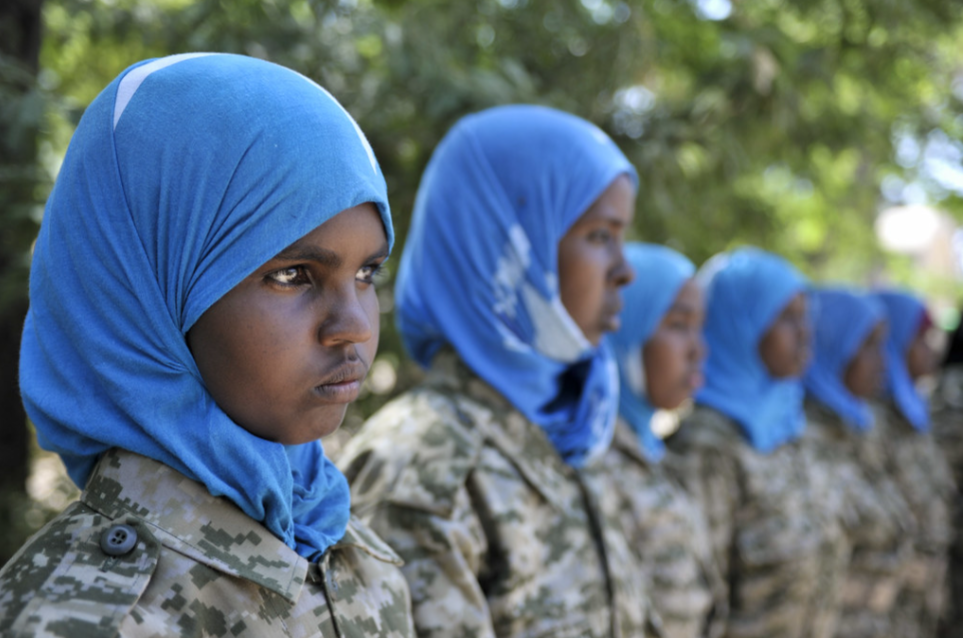 Female Somali National Army soldiers Female Somali National Army (SNA) soldiers stand at attention at a camp in Belet Weyne, where the SNA are given training by the Djiboutian contingent of the African Union Mission in Somalia (AMISOM).